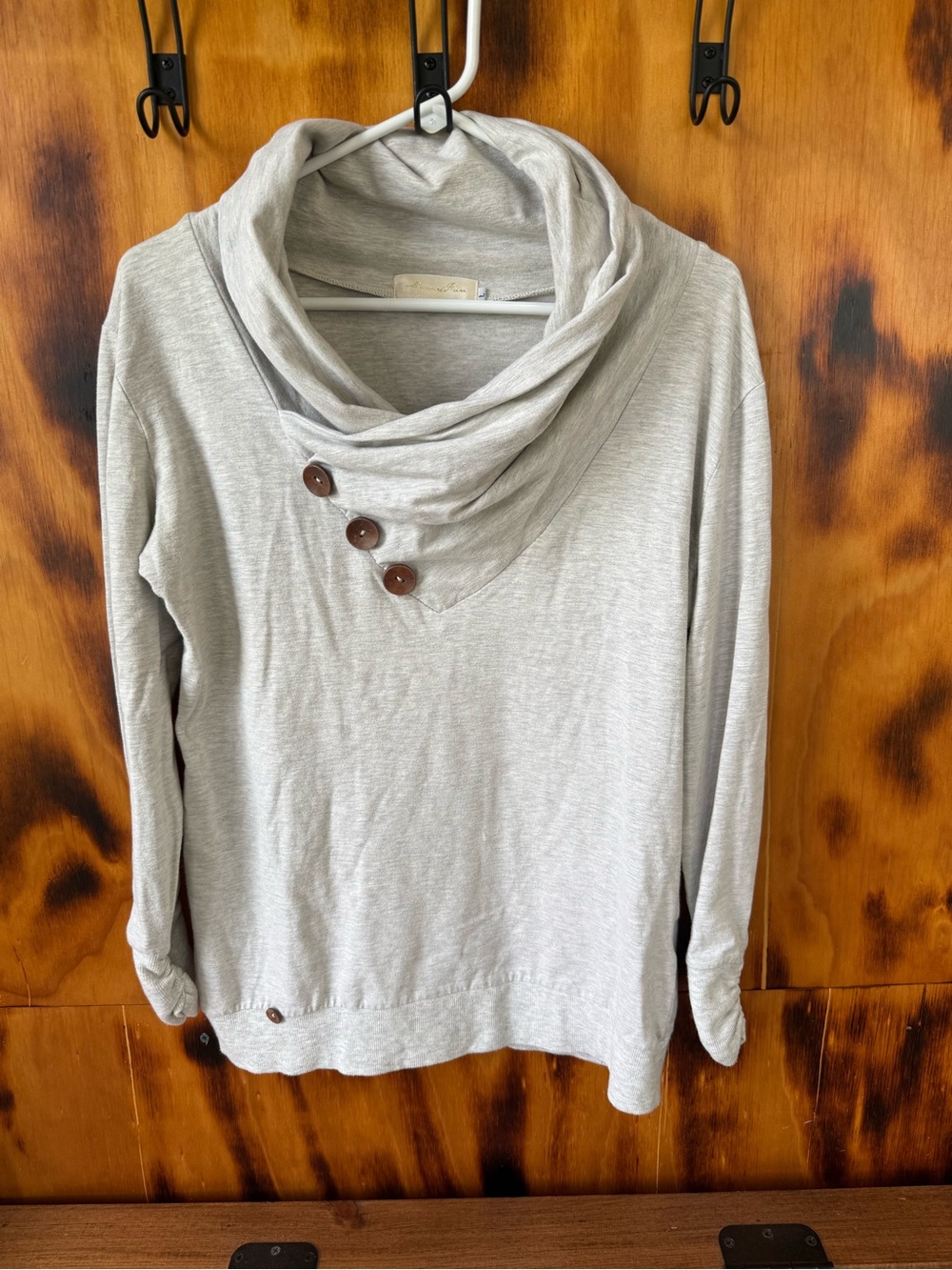 Cozy Light Gray Cowl-Neck Button Accent Sweater